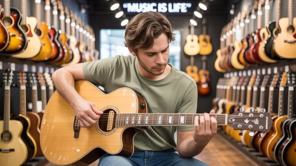 Instrumentos Musicales: La Información Esencial Que Necesitas 11 probando guitarra acústica en la tienda