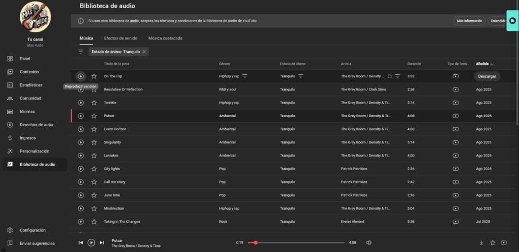 Biblioteca de audio de YouTube con filtros de música relajante