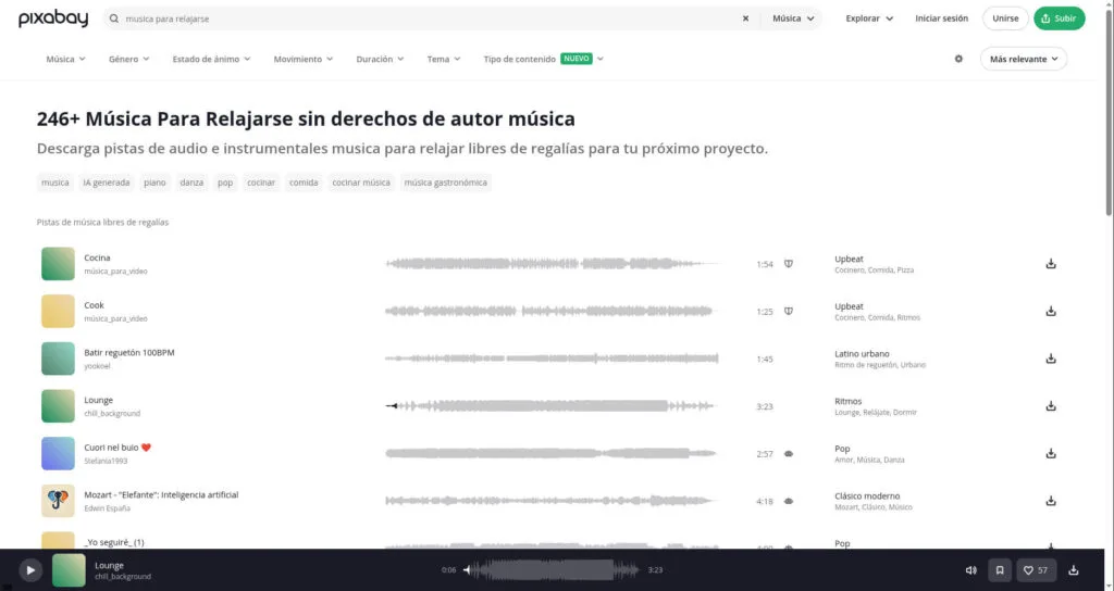 Música para Relajarse de Uso Gratuito Sin Copyright (2025) 4 Interfaz de Pixabay Music mostrando música para relajarse