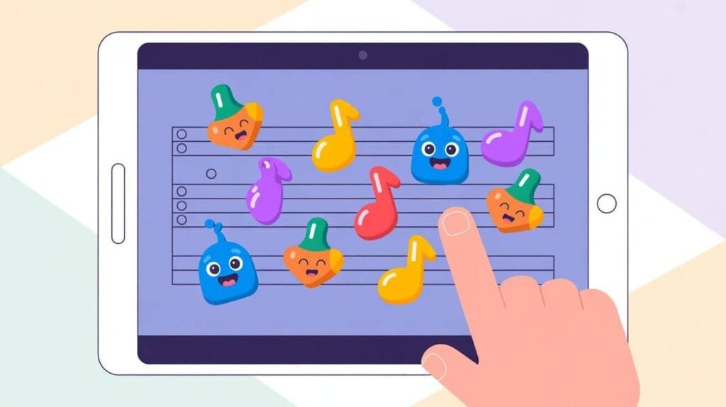 Interfaz de juego educativo para aprender a leer partituras y notas musicales de forma divertida.