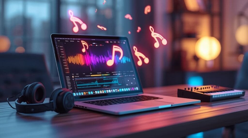 Aprendiendo música con un juego musical online en un ordenador con auriculares.