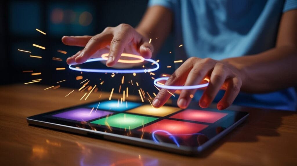 Persona practicando ritmo y percusión con una aplicación de juegos musicales gratis.