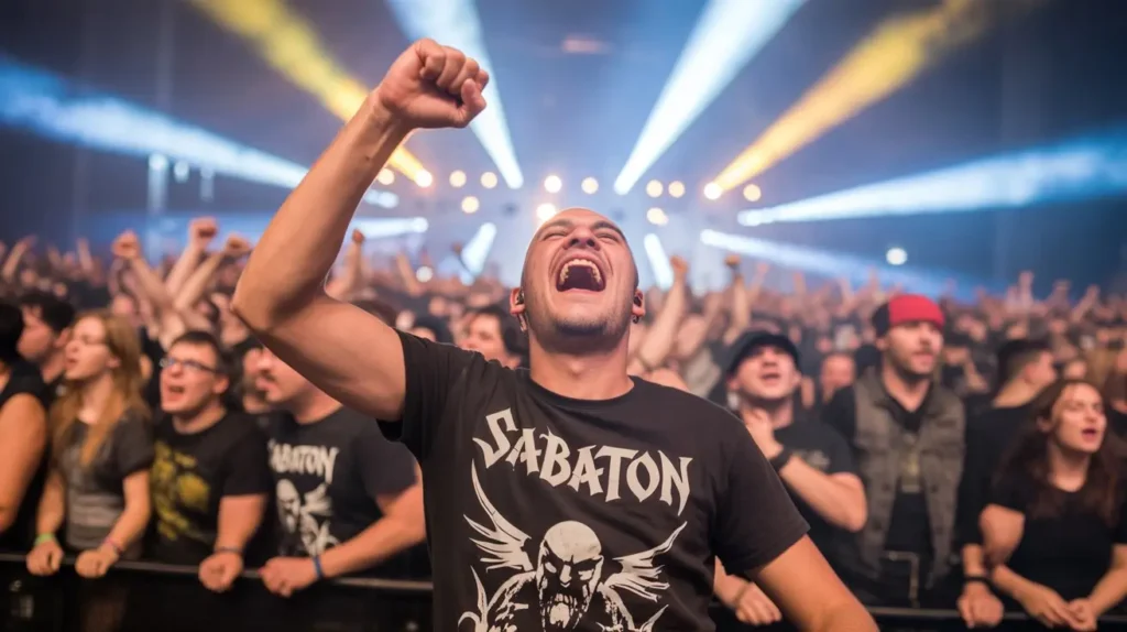 ¿Fan de Sabaton? Descubre la Colección de Merch de EMP y Por Qué Es Imprescindible en tu Armario 4 Joven fan de Sabaton con camiseta oficial de la banda, disfrutando de un concierto en vivo con un ambiente energético y el público eufórico.