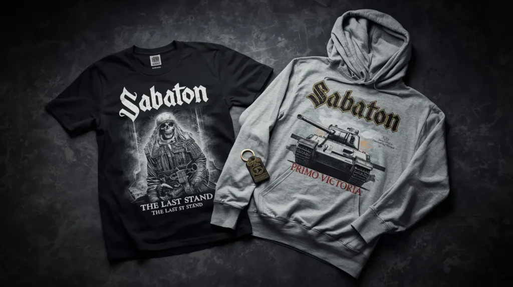 ¿Fan de Sabaton? Descubre la Colección de Merch de EMP y Por Qué Es Imprescindible en tu Armario 2 Merchandising oficial de Sabaton en EMP: camiseta 'The Last Stand', sudadera 'Primo Victoria' y llavero, destacando la calidad y el diseño.