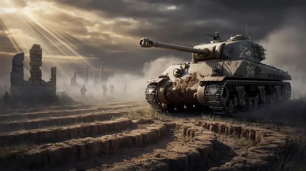 ¿Fan de Sabaton? Descubre la Colección de Merch de EMP y Por Qué Es Imprescindible en tu Armario 5 Ilustración épica inspirada en Sabaton: un tanque en un campo de batalla brumoso con siluetas de soldados, representando los temas históricos y bélicos de la banda.