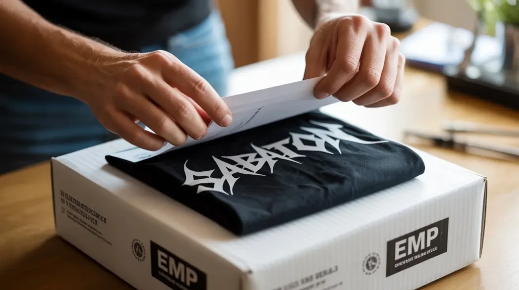 ¿Fan de Sabaton? Descubre la Colección de Merch de EMP y Por Qué Es Imprescindible en tu Armario 3 Manos abriendo un paquete de EMP para revelar una nueva y emocionante camiseta de Sabaton, capturando la alegría del 'unboxing' de merchandising oficial.
